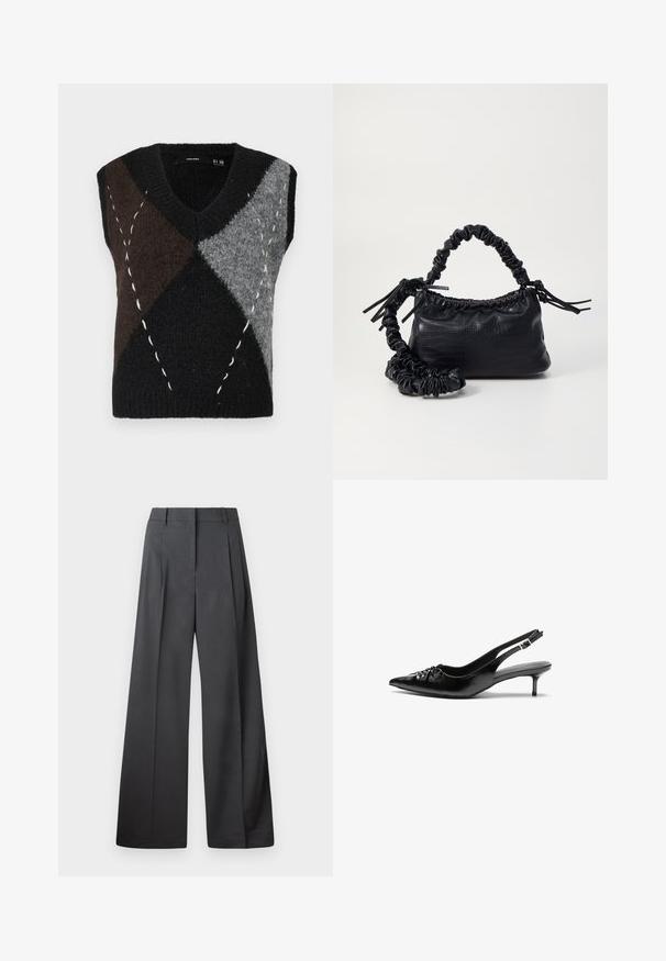 Colete de malha sem mangas com decote em V, apresentando um patchwork geométrico em preto, cinza e castanho, com costuras brancas de destaque e um acabamento texturizado.; Calças de perna larga em tecido cinza escuro, apresentando uma cintura alta, pregas simples e uma textura suave com um acabamento limpo nas bainhas.; Sapatos de salto alto slingback em couro preto com bico fino, pequeno salto kitten e um detalhe decorativo em forma de nó na parte da frente. Textura suave em toda a parte.; Bolsa de mão em couro sintético preto com textura de crocodilo, topo franzido e alça enrugada. Apresenta um design suave e compacto.