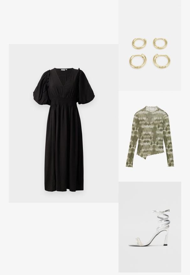 Langärmliges, grün gefärbtes Top mit einem gewellten Ausschnitt und Saum. Verfügt über eine diagonale Naht mit strukturierten Akzenten aus einem weichen, leichten Stoff.; Schwarzes Midi-Kleid mit tiefem V-Ausschnitt, puffierten kurzen Ärmeln und gerafftem elastischem Bund für eine taillierte Silhouette.; Silberne High-Heel-Sandale mit einem glänzenden Riemen-Design, das einen perlenähnlichen Akzent und einen spiralförmigen Knöchelriemen für einen sicheren Sitz bietet.; Schwarze Lederhandtasche mit geschwungener Form, abnehmbarem Tragegurt und goldenen Beschlägen. Die Tasche verfügt über einen Deckel mit einer Schnallen-Details.; Goldene Creolen, vier Stück, mit glatter Oberfläche, runder Form, in verschiedenen Größen, mit einem klappbaren Verschluss für einfaches Anlegen.