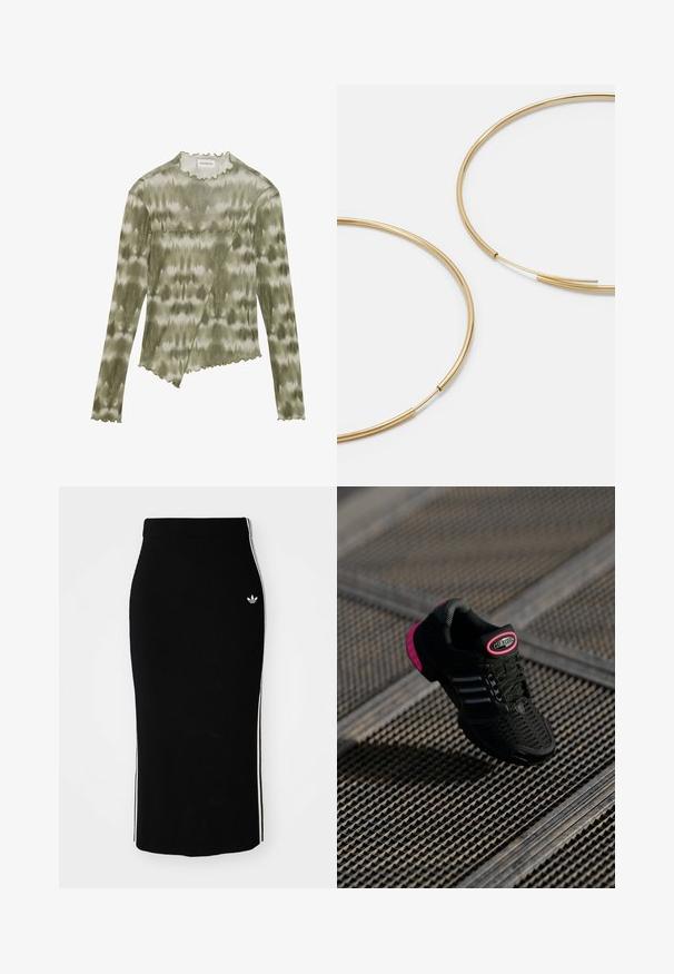 Långärmad, grön tie-dye topp med vågig halsringning och fåll. Har en diagonal söm med texturerade detaljer i ett mjukt, lätt material.; Svart ribbad midiklänning med en figurnära design, försedd med vita sidostråk och ett litet vitt emblem på vänster sida.; Svart atletisk sko med nätöverdela, rosa accenter och svarta randiga detaljer. Har en texturerad sula och en logotags på hälen.; Guldiga hoopsörhängen, tunna och runda i formen, med en slät metallisk finish utan utsmyckningar eller mönster.