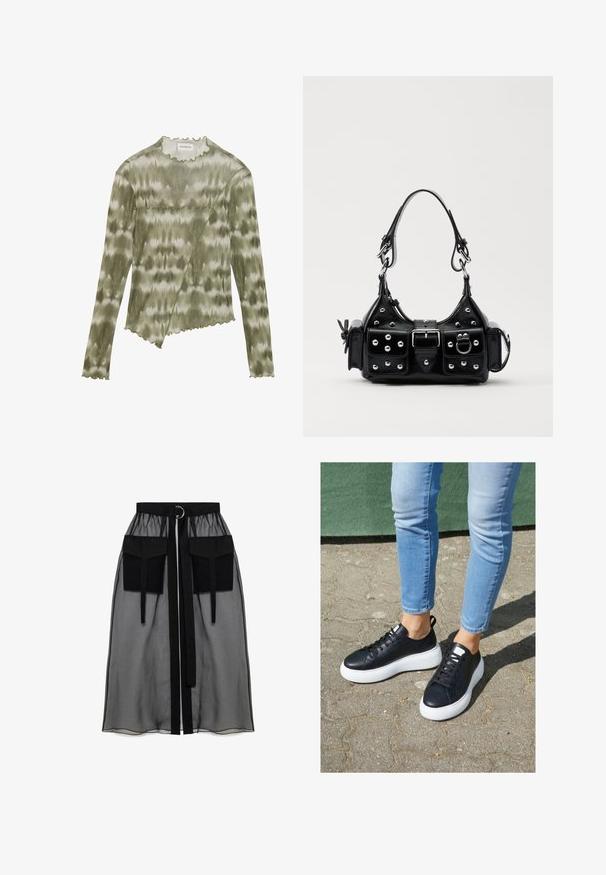 Dolga majica z dolgimi rokavi v zelenem tie-dyeu s poudarjeno okroglem izrezom in robom. Ima poševno šivno linijo s teksturiranimi detajli iz mehkega in lahkega materiala.; Črna prozorna krila z nabranim pasom, ki ima dva velika sprednja žepa, pas za zavezovanje in okroglo kovinsko dekoracijo.; Črne usnjene tenisice z belimi gumijastimi podplati, z gladko površino, zaobljenim nosom in ravnimi vezalkami. Obute z svetlo modrimi kavbojkami.; Črna usnjena torbica s ukrivljenim dizajnom, ki vsebuje srebrne žebljičke, zaponko in dve stranski žepki. Nastavljiv trak za različne možnosti nošenja.