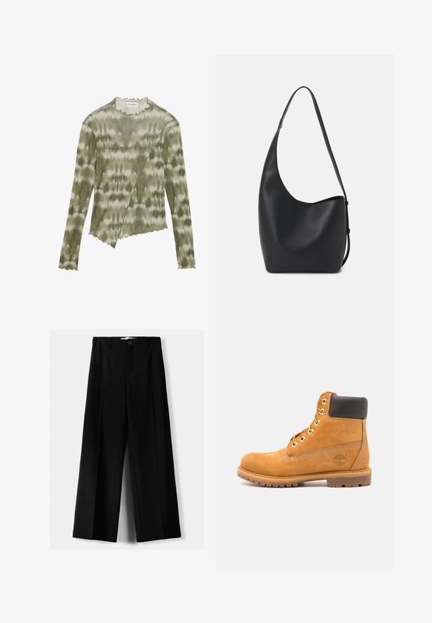 Langärmliges, grün gefärbtes Top mit einem gewellten Ausschnitt und Saum. Verfügt über eine diagonale Naht mit strukturierten Akzenten aus einem weichen, leichten Stoff.; Schwarze weite Hosen aus leichtem Stoff, mit einem Knopfverschluss vorne und flachem Bund, mit sorgfältig genähten Säumen.; Braune Leder-Stiefelette mit schwarzer Polsterung, goldenen Ösen und einer strukturierten Sohle. Hat ein kreisförmiges Logo an der Seite und Nähakzente.; Schwarze Leder-Hobo-Tasche mit einer glatten Textur, geschwungener Form und einem einzelnen verstellbaren Tragegurt; verfügt über eine weite Öffnung am oberen Ende.