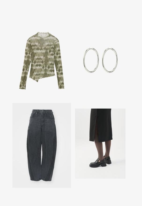 Ilga rankovė, žaliai dažyta viršutinė dalis su skaldyta apykakle ir kraštu. Savybė - įstrižas siūlas su tekstūriniais akcentais iš minkštos, lengvos medžiagos.; Palaidi juodi džinsai su išblukusiu paviršiumi, penkios kišenės, užsegimas liemeniui mygtuku ir siuvinėtos detalės priekyje bei šonuose.; Juodos odinės bateliai su apvaliu nosiu, stora blokine pakulne ir elastingais šonais, derinami su tamsiomis pėdkelnėmis ir juoda sijonu su plyšiu.; Sidabriniai auskarai-žiedai su lygiu, blizgiu paviršiumi. Apvali forma, lengvas dizainas, turintis saugų užsegimo mechanizmą.