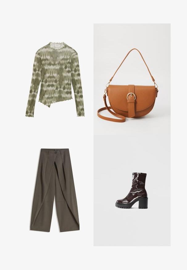 Top a maniche lunghe, verde con effetto tie-dye, con scollatura e orlo a onda. Presenta una cucitura diagonale con dettagli texturizzati in un tessuto morbido e leggero.; Pantaloni a gamba larga realizzati in un tessuto testurizzato grigio scuro. Presentano una piega frontale, chiusura con bottone e tasche laterali per praticità.; Stivale alla caviglia bordeaux lucido con un tacco spesso nero, caratterizzato da una superficie liscia e un design semplice. Nessuna chiusura visibile o motivo.; Borsa a tracolla in pelle marrone con forma curvata, hardware dorato e un dettaglio con fibbia. Presenta una tracolla rimovibile.