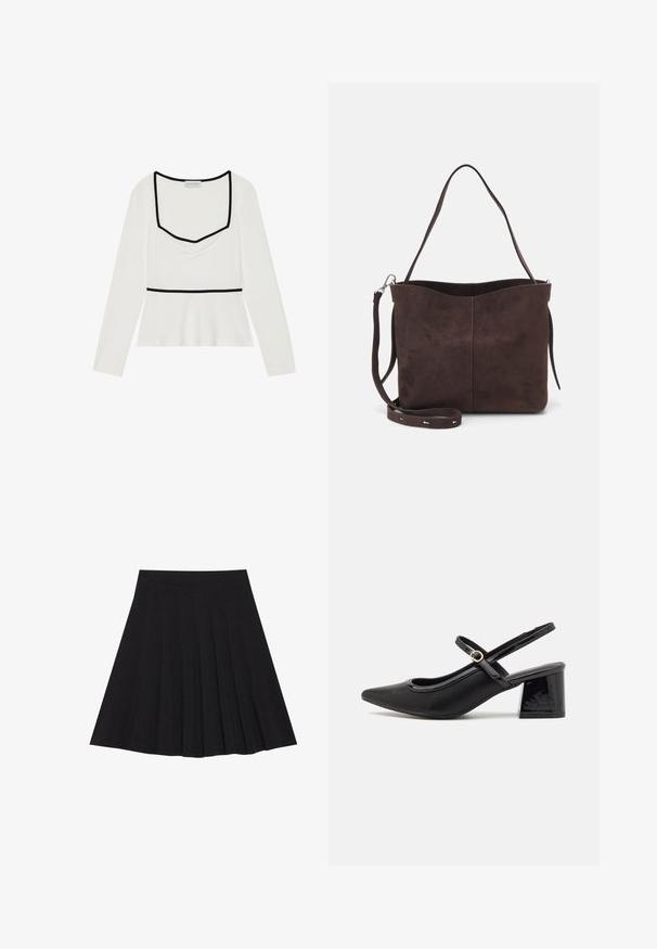 Balts garais piedurkņu tops ar kvadrātveida kakla izgriezumu, melnu apdari, savelkto priekšpusi un impērijas vidukli. Gluda auduma ar nelielu elastību.; Melna plisētā svārku ir izgatavota no teksturēta auduma ar ietilpīgu jostasvietu. Svārki ir līdz ceļiem un tiem ir gluda, tīra silueta.; Melns patentēts ādas sandales ar norādīta pirksta formu, noapaļotu izgriezuma dizainu un bloķētu papēdi. Iezīmēta ar zelta toņa sprādzi.; Brūns zamšādas roku soma ar mīkstu tekstūru, aprīkota ar vienu plecu siksnu un nelielu izliekta augšējā atvēruma dizainu. Nav redzamu metāla detaļu.