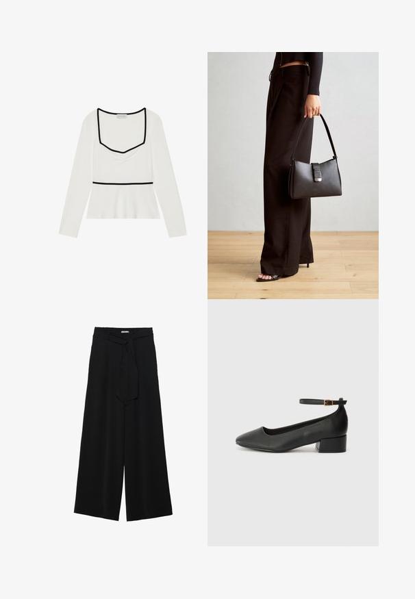 Hvit langermet topp med firkantet utringning, svart kant, rynket frontdetalj og empireliv. Glatt stoff med lett stretch.; Svart vide bukser med teksturert stoff, elastisk midje og avtagbart belte som gir justerbar passform.; Sorte skinnpumper med spiss tå og lav blokkhelt. Har ankelrem med gullfarget spenne. Glatt tekstur.; Svart håndveske med strukturert form, jevn tekstur og metallisk lås. Kombinert med brede svarte bukser og sandaler med åpen tå på tregulv.