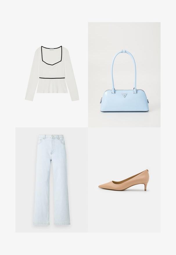 White long-sleeve top with a square neckline, black trim, gathered front detail, and an empire waistline. Smooth fabric with slight stretch.; Light blue denim wide-leg jeans with a high waist, five-pocket design, and gold stitching details. Smooth texture and straight cut.; Pointed-toe pump in light beige leather, featuring a low heel, smooth surface, and minimalist design with a subtle back detail.; Light blue handbag with a structured shape, smooth leather material, two handles, and a triangular brand logo on the front. Zippered closure.