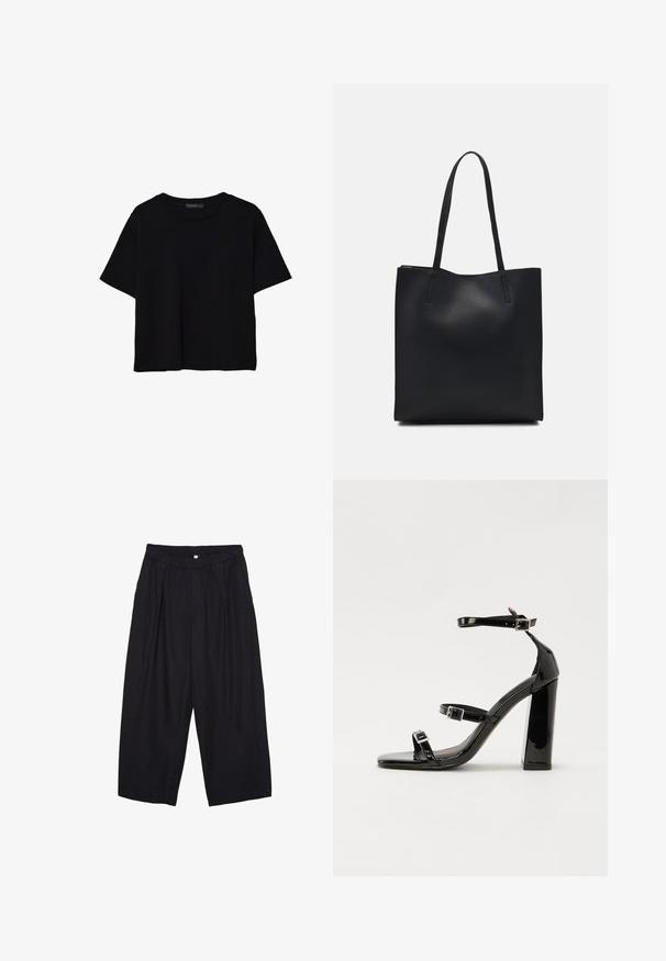 T-shirt noir à manches courtes en coton. Présente un col rond et une coupe ample avec une texture lisse et unie. Aucun motif ni accent visible.; Pantalon culotte noir en polyester avec une taille élastique, deux plis avant et une silhouette ample. Pas de motifs visibles ni de détails matériels.; Sandales à talons vernies noires avec un bout carré, des sangles autour de la cheville et des boucles en argent. Dotées d'un talon bloc épais pour plus de stabilité.; Sac fourre-tout en cuir noir avec une texture lisse, de forme rectangulaire et deux longues poignées. Pas de matériel ou d'ornementations visibles.