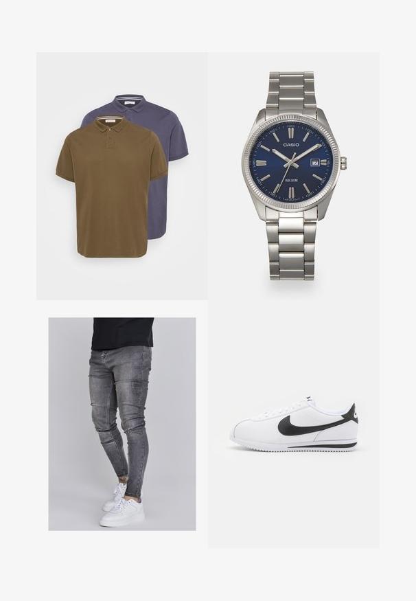 Twee poloshirts in olijf groen en marineblauw. Korte mouwen, klassieke kraag, placket met drie knopen. Zachte katoenen stof.; Skinny jeans in vervaagd grijs denim, met versleten details op de knieën, gecombineerd met witte sneakers. Gladde textuur, slank model.; Witte leren sneakers met zwarte Nike swoosh, platte veters en een getextureerde rubberen zool. Ronde neus en gevoerde kraag voor comfort.; Zilveren roestvrijstalen horloge met een marineblauwe wijzerplaat, metalen uurmarkeringen en een datumnis op 3 uur. Waterbestendig tot 50 meter.