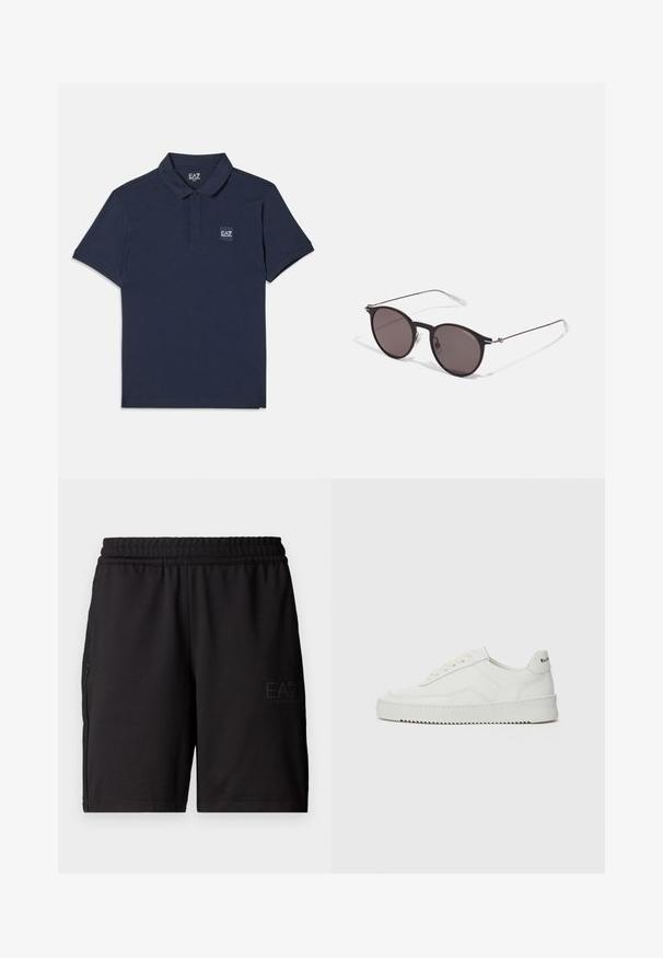 Námorníckomodrá polo tričko vyrobené z bavlny, s klasickým golierom, krátkymi rukávmi a malým logom EA7 vyšitou na ľavej hrudi.; Čierne športové šortky vyrobené z ľahkej tkaniny, s elastickým pásom a bočnými panelmi z jemnej sieťoviny. Na prednej strane je potlačené logo značky.; Biele kožené tenisky s hladkým povrchom, okrúly špičkový dizajn, ploché šnúrky a textúrovaná podrážka. Obsahujú jemné logo na päte.; Čierne okrúhle slnečné okuliare s tmavými sklami a tenkými kovovými ramenami. Obsahujú priehľadné konce rámov a strieborné akcenty na pántoch. Minimalistický dizajn.