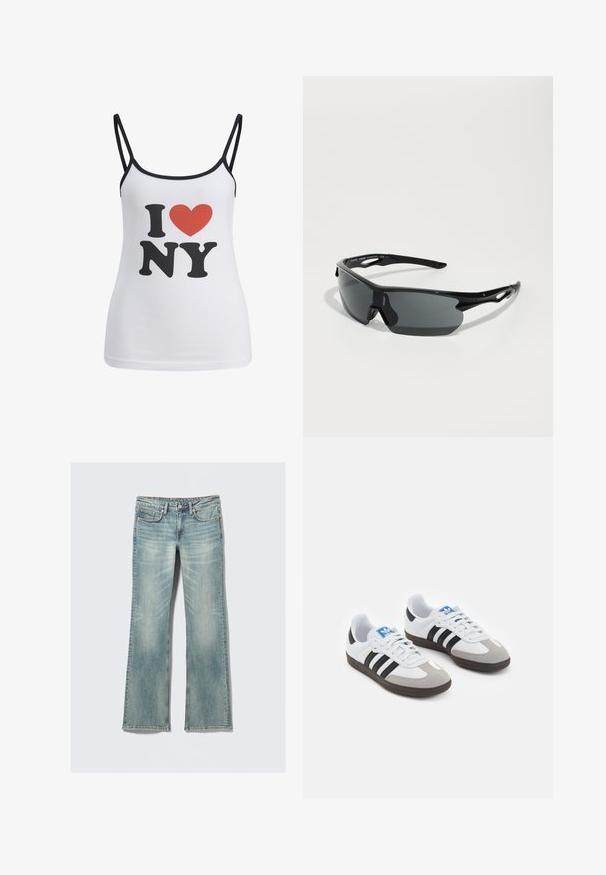 Fehér trikó vékony fekete pántokkal, amelyen nagy fekete "I" és "NY" feliratok találhatók, közöttük pedig egy piros szív grafika.; Világoskék farmernadrág enyhe kopással, öt zsebbel, gombos záródással és egyenes lábakkal fehér háttér előtt.; Fehér bőr felsőrészes sportcipő, szürke velúrból készült orral és három fekete csíkkal. Jellemzője a kék logó a nyelvén és egy texturált gumitalp.; Fekete sport napszemüveg ívelt lencsékkel, könnyű műanyag kerettel és texturált szárakkal. Elegáns dizájn integrált orrnyereggel.; Fekete szőtt bőr kézitáska laza dizájnnal, csomózott pánttal és egy kis díszes arany szegeccsel a tetején.