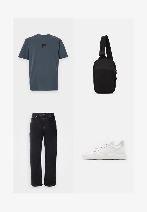 Mørkegrå t-shirt med korte ærmer lavet af bomuld og rund hals. Har et lille sort firkantet mærke på brystet. Blød tekstur.; Sorte denim jeans med lige snit, fem lommer og kontrasterende syninger. Har en knaplukning og bæltestropper i taljen.; Hvide lædersneakers med en glat finish, rund tå, flade snørebånd og en struktureret sål. Grå ruskindsdetalje ved hælen.; Sort crossbody taske lavet af slidstærkt stof, med en enkelt justerbar rem, en lynlåset hovedrum og en frontlomme.