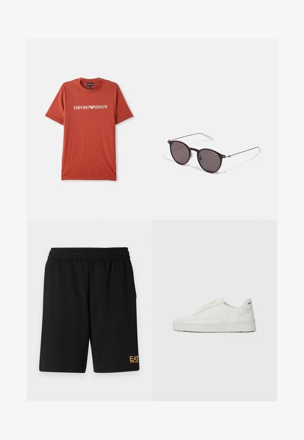 Rudo spalvos trumpa rankovėmarškiniai su apvaliu kaklu ir balta Emporio Armani logotipo tekstu, centruotu krūtinėje, išdėstyti ant baltos fono.; Juoda sportinė šortai, pagaminti iš minkštos medžiagos, su elastingu diržu ir maža geltona EA7 logo apatinėje kairėje kojoje.; Balti odiniai sportiniai bateliai su lygia apdaila, apvaliu pirštu, plokščiais raišteliais ir tekstūruotu padu. Pasižymi subtiliu logotipu ant kulno.; Juodos apvalios saulės akinių su tamsiais lęšiais ir plonomis metalinėmis šakomis. Įtraukti skaidrūs šventyklų galai ir sidabriniai akcentai vyrio srityje. Minimalistinis dizainas.