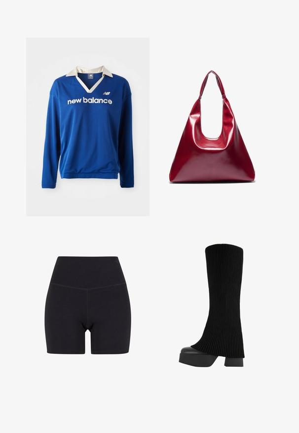 Niebieska długorękawowa koszulka sportowa z białym kołnierzykiem, teksturą z siateczki i białym logo "new balance" na piersi.; Czarne szorty o wysokim stanie wykonane z elastycznego materiału. Posiadają elastyczny pas, gładką teksturę i długość do połowy uda, z bezszwowym wykończeniem.; Czarne wysokie kozaki z ribbowym materiałem, chunky platformą i blokowym obcasem, o gładkiej fakturze i nowoczesnym, eleganckim designie.; Czerwona, błyszcząca skórzana torebka o trójkątnym kształcie, z szerokim otwarciem na górze i pojedynczym, zaokrąglonym uchwytem. Gładka tekstura z minimalnymi detalami przeszyć.