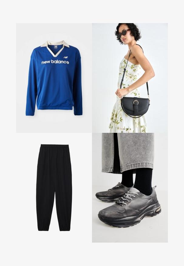 Blå langermet treningsgenser med hvit krage, mesh tekstur, og "new balance" logo i hvitt over brystet.; Svarte, lette bukser med elastisk liv og rynkede ankler. Stoffet er glatt og har en avslappet, innsvingt design.; Sorte og grå treningssko har en mesh-overdel, tykke såler og snøring. De har en rund tå og synlige dempe detaljer.; Svart lærveske med en buet form, avtagbar stropp og gullbeslag. Vesken har et klaff med spenne-detall.