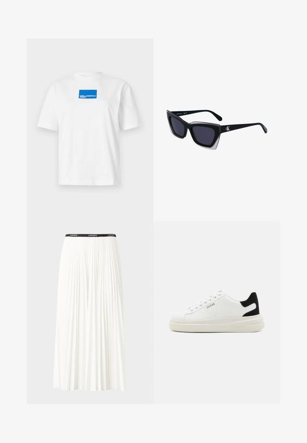 White cotton t-shirt with short sleeves and a crew neckline. Centered blue rectangle logo featuring "KARL LAGERFELD JEANS" text.; Pleated white skirt with a black elastic waistband featuring the "LACOSTE" logo. Mid-length design with soft texture.; White leather sneakers with a thick white sole, black suede heel accent, and embossed logo on the side. Laced design with six eyelets.; Black oversized sunglasses with a geometric shape, featuring dark lenses and a contrasting grey detail on the frame. Logo on the arm.