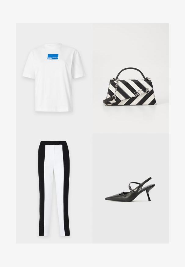 T-shirt bianca in cotone con maniche corte e scollo rotondo. Logo rettangolare blu centrato con il testo "KARL LAGERFELD JEANS".; Pantaloni tapered bianco e nero che presentano una vestibilità slim con pannelli a contrasto. Il tessuto ha una texture liscia; la vita è piatta e aderente.; Scarpe slingback nere in pelle con punta affilata, tacco sottile e dettaglio decorativo a fibbia sulla tomaia. Texture liscia e design elegante.; Borsa a righe bianche e nere con una forma strutturata, dotata di manico superiore, tracolla a catena staccabile e dettaglio logo metallico.
