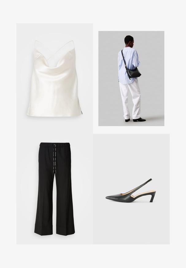 Hvid satin camisole med en draperet halsudskæring og crisscross stropper. Glat tekstur med en afslappet pasform, der har en lige kant.; Sorte, vide bukser med elastisk talje og sort snor. Fremstillet af glat stof uden synlige mønstre eller hardware.; Sorte spidse slingback-sko med en lav hæl, lavet af glat læder og med udskæringer på siden for åndbarhed.; Sort læder skuldertaske med en blød tekstur, trekantet form og justerbar strop, kombineret med en lyseblå stribet skjorte og hvide bukser.
