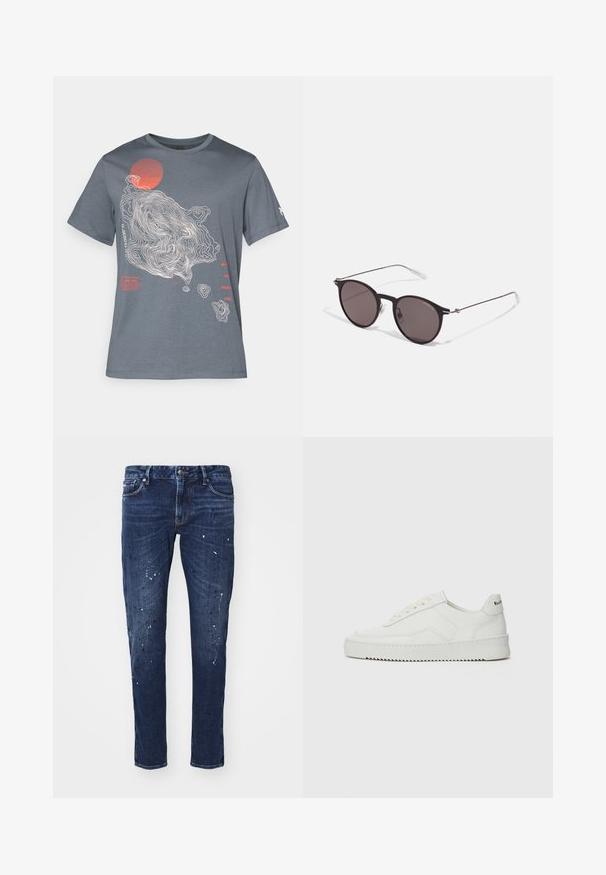 Graues Baumwoll-T-Shirt mit einem topografischen Design in Weiß und einem roten Kreis. Text in Rot und Weiß entlang der linken Seite.; Dunkelblaue Denim-Jeans mit schlankem Schnitt, die Farbkleckse, sichtbare Nähte und ein klassisches fünf-Taschen-Design aufweisen. Gerader Beinansatz.; Weiße Ledersneaker mit glatter Oberfläche, runder Zehenpartie, flachen Schnürsenkeln und strukturiertem Sohlenprofil. Mit einem dezenten Logo an der Ferse.; Schwarze runde Sonnenbrille mit dunklen Gläsern und schlanken Metallbügeln. Enthält klare Tempelspitzen und silberne Akzente am Scharnier. Minimalistisches Design.