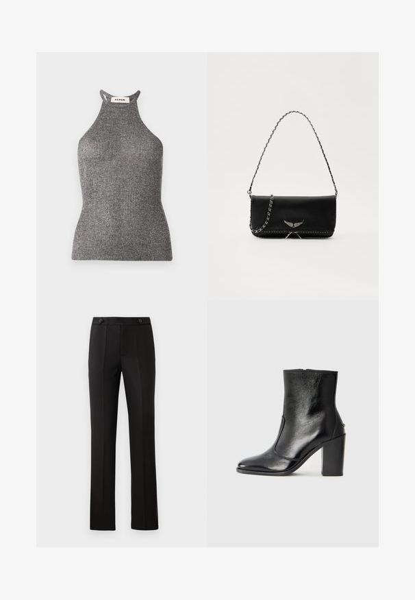 Šedý halter top vyrobený z ribbed textilie, s přiléhavým střihem a vysokým výstřihem s otevřenými stranami. Značka je viditelná na krku.; Černé elegantní kalhoty s rovnými nohavicemi, dvěma předními kapsami, zapínáním na knoflík a sklady na přední straně. Hladká struktura tkaniny.; Černé kožené kotníkové boty s hladkou texturou, špičatou špičkou a robustním vysokým podpatkem. Mají boční otvor a minimalistický design.; Černá kožená kabelka se stříbrným řetízkovým popruhem, zdobená dekorativními křídly a bílým prošíváním podél spodního švu.