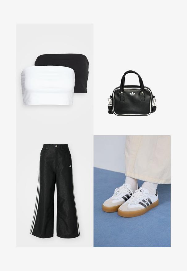 Dos tops cortos sin tirantes en negro y blanco, hechos de una tela de algodón elástico. Textura suave con un diseño sencillo y sin costuras visibles.; Pantalones de denim anchos y negros con tres franjas blancas en cada lado y un pequeño logo blanco. Cuenta con bolsillos frontales y un cierre de botón.; Zapatillas blancas con rayas negras y acentos de ante beige. Cuentan con una suela de goma texturizada y cordones blancos planos, usadas con calcetines de color claro.; Bolso de mano de cuero negro con dos asas cortas, herrajes plateados, detalles en blanco y un logotipo blanco. Presenta una superficie texturada y un diseño compacto.