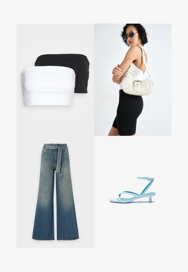 Two strapless crop tops in black and white, made from stretchy cotton fabric. Smooth texture with a simple design and no visible seams.; Wide-leg denim trousers featuring a light to dark blue gradient, high waist, belt loops, and a matching fabric belt. Textured denim finish.; Light blue strappy sandal with a square toe, low heel, adjustable ankle strap, and smooth, glossy finish. Crossed straps on the footbed.; White leather handbag with a curved shape, adjustable strap, and a small buckle detail. Model wears a fitted black outfit.