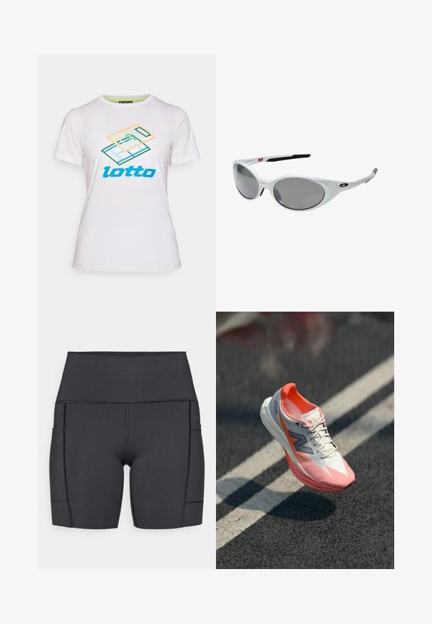 Witte korte mouwen t-shirt van katoen, met een kleurraf geometrische grafiek en het "lotto" logo in het blauw over de voorkant.; Zwarte high-waisted shorts van rekbaar materiaal, met zijzakken, platte naden en een gladde textuur voor comfort tijdens activiteiten.; Hardloopschoenen met een witte en roze bovenkant, voorzien van een mesh-textuur, reflecterende accenten en een gewatteerde zool. Lichtgewicht ontwerp voor optimale prestaties.; Witte kunststof zonnebril met grote ovale lenzen, grijs getint. Voorzien van zwarte oorsteunen en een klein logo op het montuur. Gladde afwerking.
