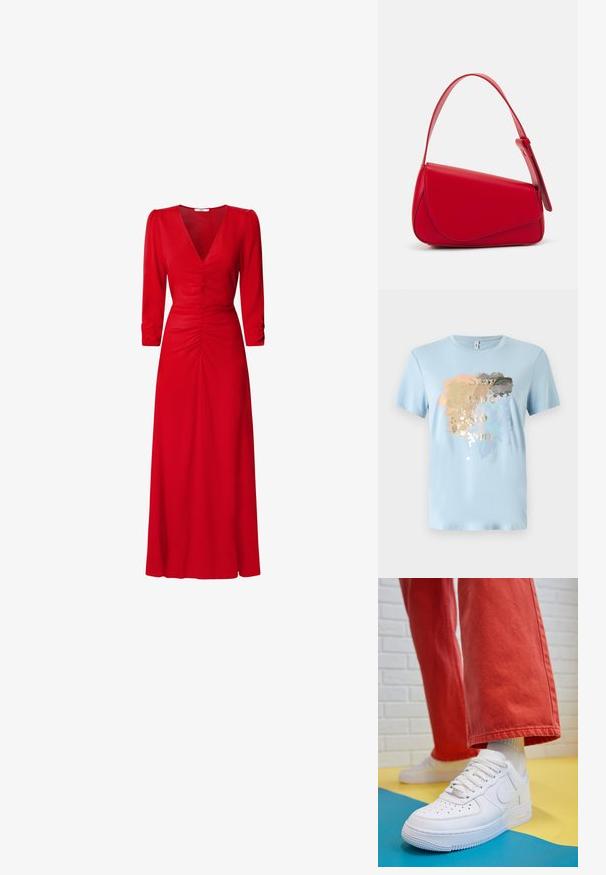 Lichtblauw t-shirt met korte mouwen van zachte stof. Heeft een spetterontwerp in goud, grijs, perzik en blauw met de tekst "Blijf trouw aan jezelf."; Rode jurk met een V-halslijn, driekwartmouwen en plooidetails bij de taille en rug. De stof lijkt glad en lichtgewicht.; Witte leren sneaker met geperforeerde teenbox, gestructureerde zool en witte veters, gecombineerd met wijde rode broeken en een blauw-geel achtergrond.; Rode leren handtas met een hoekig, geometrisch ontwerp. Beschikt over een enkele verstelbare schouderriem en een klepclosure met gestikte details.