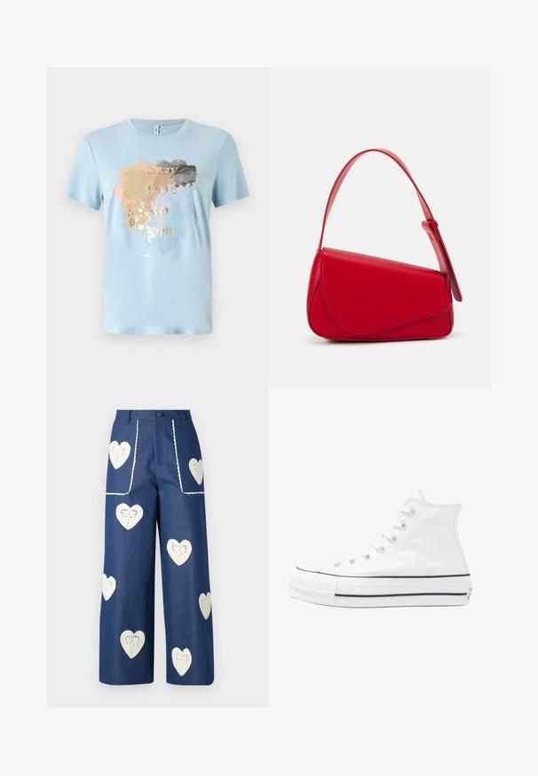 Light blue short-sleeve t-shirt made of soft fabric. Features a splatter design in gold, gray, peach, and blue with the text "Stay true to you."; Sister Jane HEART TO HEART - Straight leg jeans - blue denim; White high-top canvas sneaker with black rubber sole, front rubber toe cap, and six eyelets for laces, featuring a clean, minimalist design.; Red leather handbag with an angular, geometric design. Features a single adjustable strap and a flap closure with stitched detailing.