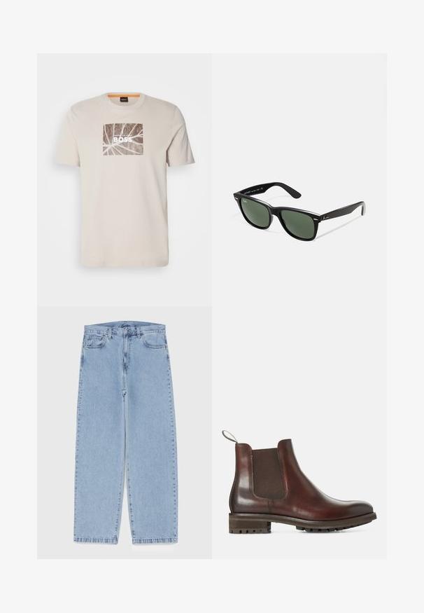 Bež majica iz bombaža s kratkimi rokavi. Sredinska grafika prikazuje listnato zasnovo s pisanjem "PREKO DŽUNGLE ŠEF" v beli barvi.; Svijetloplave traperice s ravnim nogavicama, srednjeg struka, pet džepova te zatvaranjem na gumb i munju.; Rjave usnjene Chelsea škornje z elastičnimi stranskimi paneli, zanko za obuvanje in teksturiranim gumijastim podplatom. Gladek finiš z robustnim nizkim petam.; Črne plastične sončna očala z zelenimi lečami, kvadratni okvirji, srebrni detajl na obrvi in teksturirani ročaji. Blagovna znamka navedena na notranji strani ročaja.