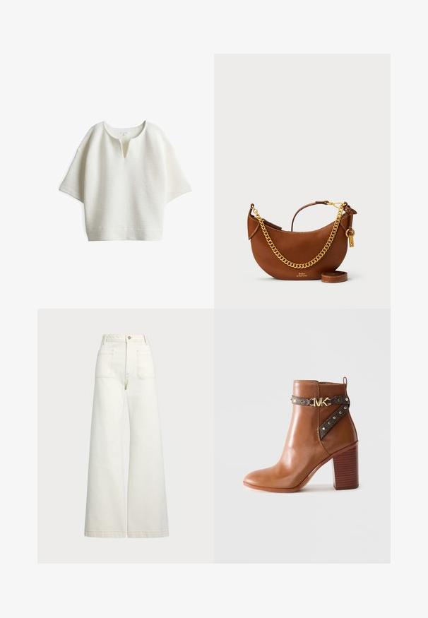 Weißes, strukturiertes Oberteil mit einem lässigen Schnitt, Rundhalsausschnitt und kurzen Ärmeln, gestaltet mit dezenten horizontalen Rippen.; Weite Jeans aus off-white Denim. Hoch tailliertes Design mit Knopfverschluss, zwei Fronttaschen und kontrastierenden Stickdetails.; Braunes Leder-Stiefelette mit gestapeltem Blockabsatz, seitlichem Riemen mit goldenen Nieten und einer goldenen "MK"-Logo-Schnalle.; Braune Lederhandtasche mit geschwungenem Design, goldener Kettenriemen, Innentasche und abnehmbarem Schulterriemen. Mit kontrastierenden Nähten.