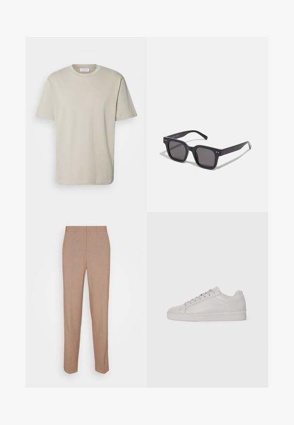 Lindbergh O NECK TEE OVERSIZE - Basic póló - light khaki; Bézs, egyenes szabású nadrág sima, texturált anyagból. Egyenes fazon derékpánttal, látható díszítés és zsebek nélkül.; Világosszürke bőr sportcipő sima felülettel, lekerekített orral, lapos gumitalppal és egyszínű fűzőkkel. Jellemzője a minimális arany színű logó.; Fekete téglalap alakú napszemüveg sötét lencsékkel, vastag kerettel, finom díszítésekkel az oldalán, és a márkanevet leszámítva látható logók nélkül.; Rozsdamentes acél óra fekete számlappal, világító indexekkel és dátumablakkal. Forgatható kerettel és ezüstszínű fém szíjjal rendelkezik.