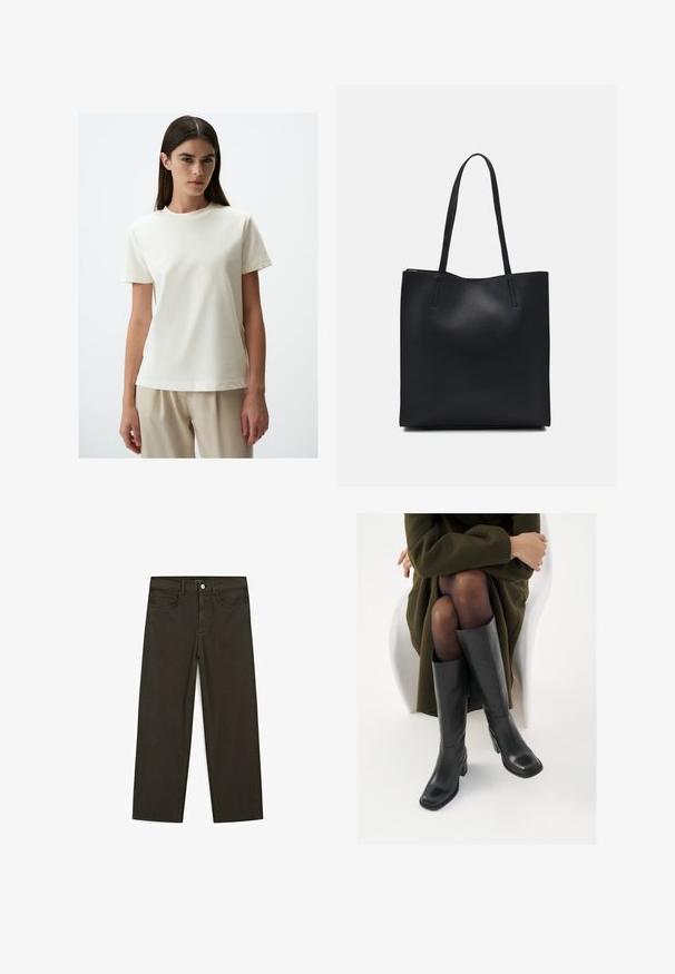 Jimmy Key CREW NECK SHORT SLEEVE - T-Shirt basic - off-white; Dunkelgrüne Jeans im weit geschnittenen Style, hergestellt aus einem Baumwollgemisch. Sie verfügen über einen Frontknopfverschluss, fünf Taschen und klassische Denim-Nähte.; Knöchelhöhe schwarze Lederstiefel mit quadrater Spitze und Blockabsatz, gezeigt mit einem Modell, das einen olivgrünen Mantel trägt. Glatte Textur, minimale Details.; Schwarze Laptoptasche aus Leder mit glatter Textur, rechteckiger Form und zwei langen Griffen. Keine sichtbaren Beschläge oder Verzierungen.