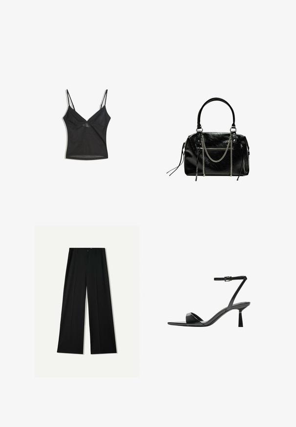 Fekete pántos felső vékony állítható pántokkal, áttetsző anyagból készült. V-alakú nyakkivágással és finom varrással díszített szélekkel rendelkezik.; Bershka WIDE - Nadrágok - black; Bershka Magas sarkú szandálok - black; Bershka WITH CHAIN - Kézitáska - black