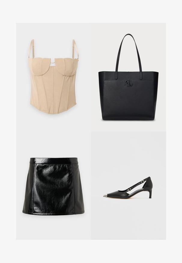 Bezs horts ar strukturētām krūšu kausiem, regulējamiem siksnām un vertikālām šuvēm. Gluda auduma tekstūra ar pieguļošu siluetu.; Melna ādas mini svārki ar spīdīgu apdari, ar piegriezumu, kas cieši pieguļ viduklim, taisnu griezumu un minimālām šuvēm, lai nodrošinātu elegantu izskatu.; Melns ādas kurpju pāris ar zemu papēdi, smailu sudraba purngali un diviem sprādzēm uz balta fona.; Melnas ādas soma ar teksturētu virsmu, dubulām rokturiem un iegrieztu "RL" logo priekšpusē. Taisnstūra formas, minimālisma dizains.