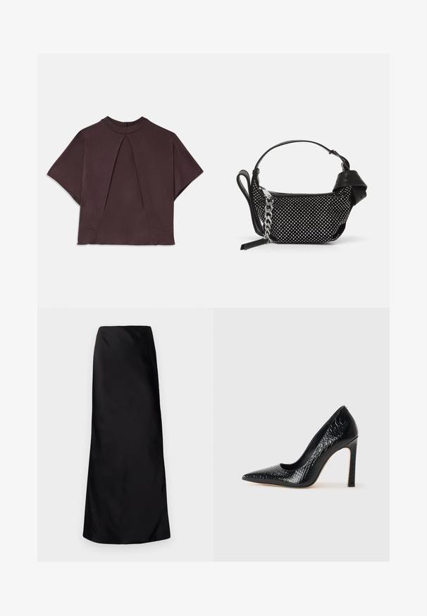 Tmavohnedý top s krátkym rukávom a vysokým výstrihom, s predným záhybom a jemnými bočnými švami, vyrobený z hladkej, textúrovanej látky.; Norma Kamali BIAS OBIE SKIRT - Maxisukňa - black; Čierna lodička s špicatou špičkou a lakovanou textúrou krokodíla, s elegantným dizajnom, vysokým stiletto podpätkom a hladkým čiernym interiérom.; Čierna kabelka so cvočkovými ozdobami, reťazovou rukoväťou a hladkým koženým držadlom, so zaobleným tvarom a zipsovým oddelením.