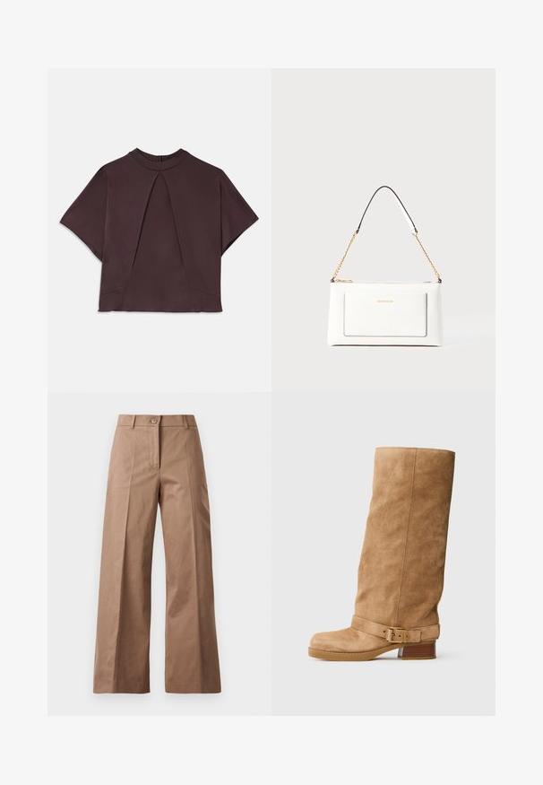 Temno rjava majica s kratkimi rokavi in visokim ovratnikom, z nagubanjem spredaj in subtilnimi stranskimi šivi, izdelana iz gladkega, teksturiranega blaga.; Rjave široke hlače iz gladkega materiala, z zapiranjem spredaj na gumb, dvema sprednjima žepoma in čistimi, postavljenimi linijami.; Brahkaste rjave suknje srednje visine z nizkim utezima, okruglog vrha i podesivim remenom sa zlatnom kopčom oko članaka.; Bela usnjena torbica z teksturirano površino, ki vključuje zlat pas in črne detajle. Ima sprednji žep in zadrgo.
