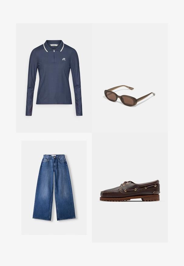 Marineblauw poloshirt met lange mouwen, met een ribbelstructuur, ritssluiting bij de hals en witte kraagdetails. Voorzien van een klein logo op de borst.; Bershka WIDE-LEG - Wide leg - dark blue; Bruine leren bootsschoen met gouden oogjes, ronde veters en een gestructureerde bruine rubberen zool. Kenmerkt zich door gestikte details en een verhoogd logo.; Brown ovalen zonnebrillen met donkere lenzen. Het montuur is gemaakt van doorzichtig bruin materiaal en heeft een logo dat op de slapen is gedrukt.