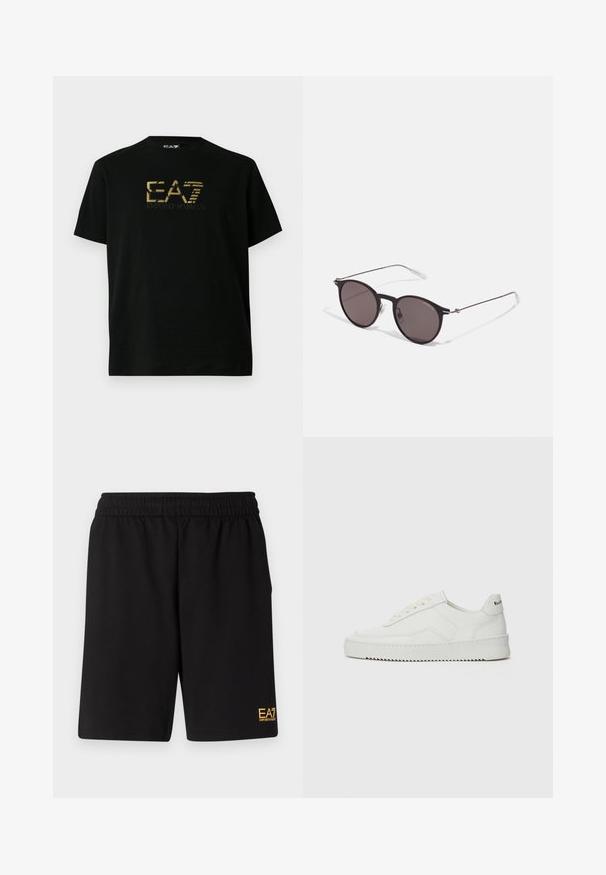 Svart T-skjorte med korte ermer og gyllent EA7 Emporio Armani-logo midt på brystet, mot en ensfarget hvit bakgrunn.; Sorte treningsshorts laget av mykt stoff, med elastisk midje og en liten gul EA7-logo nederst på venstre ben.; Hvite lærersneakers med en jevn overflate, rund tå, flate lisser og en teksturert såle. Har en subtil logo på hælen.; Sorte, runde solbriller med mørke linser og slanke metalarmer. Inkluderer klare temple tips og sølvfargede detaljer ved hengslet. Minimalistisk design.