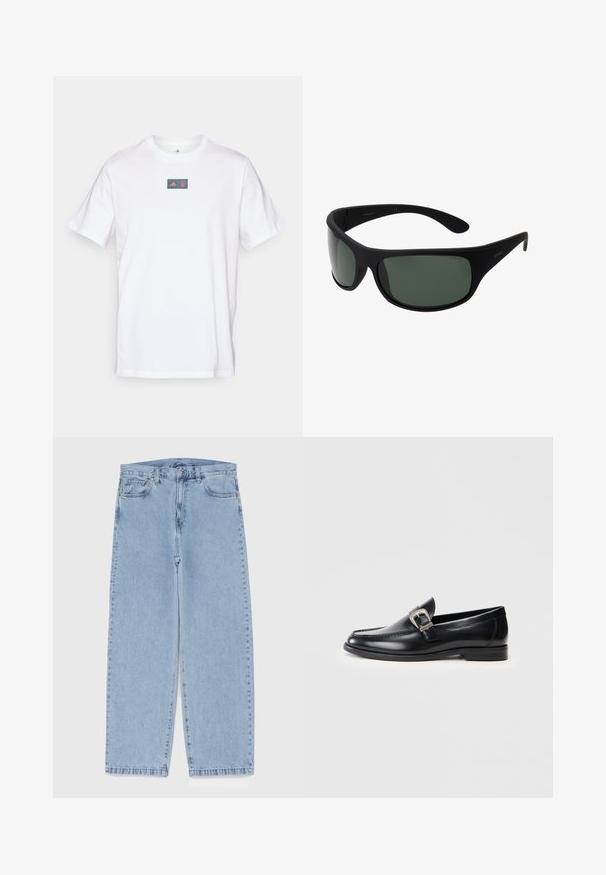 Weißes Baumwoll-T-Shirt mit Rundhalsausschnitt. Verfügt über ein rechteckiges Logo mit einem roten und blauen Design auf der Brust. Kurze Ärmel. Normale Passform.; Hellblaue Jeans aus Denim mit geradem Bein, ausgestattet mit einer mittelhohen Taille, fünf Taschen sowie einem Knopf- und Reißverschluss.; Schwarze Lederloafer mit rundem Zehenbereich, detaillierter Naht, einem silbernen Schnallenakzent und einem niedrigen Absatz. Glatte Textur mit polierter Oberfläche.; Schwarze Wraparound-Sonnenbrille mit dunkelgrünen Gläsern. Mattes Finish, geschwungenes Design, mit geraden Bügeln und dezentem Branding an der Seite.