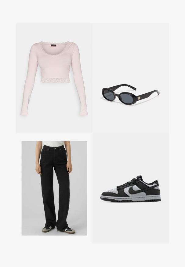 Top cropped de manga longa em algodão rosa suave. Apresenta um acabamento em renda recortada na gola e na barra, proporcionando uma textura delicada.; Fatos de ganga pretos de cintura alta com um corte reto, feitos de denim, apresentando dois bolsos frontais e detalhes em metal latão.; Sapatilhas Nike Dunk de cano baixo em preto e cinza, com biqueira perfurada, detalhes em couro liso e sola de borracha com padrão de rasto texturizado.; Óculos de sol pretos em formato oval com lentes escuras, armação de plástico brilhante, hastes largas e um pequeno detalhe em dourado de um lado.