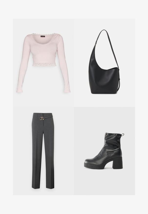 Pikad varrukad, lühikese lõikega pehme roosa puuvillane topp. Omab lainelise pitsäärise-detaili kaeluses ja ääres, pakkudes delikaatset tekstuuri.; Tumedatehallid naiste püksid sirgete jalgadega ja õhuke sobiv vöö, millel on kuldse tooni pandla.; Mustad mustad ansapüksid, mis on valmistatud siledast nahast, külje zipperiga, paksu tekstuuriga kontsaga ja ümmarguse nina disainiga.; Mustast nahast hobo kott, millel on sile tekstuur, kumer kuju ja üks reguleeritav rihm; peal on lai avaus.