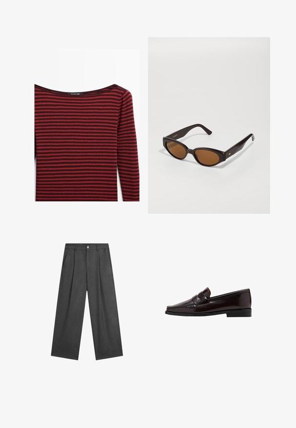 Rød og mørk burgunderrød stribet langærmet top med en bred, lav udskæring og ribbet tekstur. Etiketten siger "Massimo Dutti."; Mørkegrå, vide bukser med subtile striber, frontfolder og en enkelt knaplukning ved taljen.; Brun læder loafersko med en mokkasinstil foran, hævet syning langs vampskæringen og en lav sort gummisål. Glat, poleret finish.; Faux cat-eye solbriller med mørkebrune plastikrammer og brune linser. Har guld logo detaljer på armen og en glat, blank overflade.; Sort læder skuldertaske med en buet form, glat tekstur og en lang justerbar rem. Funktioner et subtilt knudedetalje og minimalistisk design.
