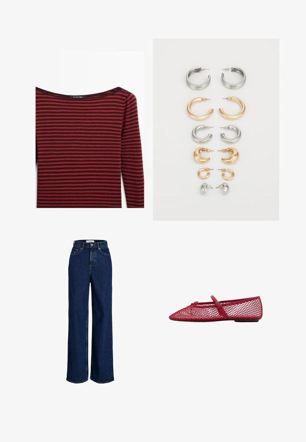 Röd och mörk vinröd randig långärmad topp med en bred, grund halsringning och ribbat mönster. Etiketten säger "Massimo Dutti."; Breda ben mörkblå denimjeans med hög midja, klassisk femfickdesign och synlig sömnadsdetalj. Slät textur, enfärgad finish.; Röda nätballerinor med spetsig tå, med en tunn rem och spänne. Överdelen har ett öppet, bikupemönster.; Set med åtta metallörhängen i silver- och guldtoner. Inkluderar olika stilar av hoops, texturer och ytor, ordnade efter storlek.