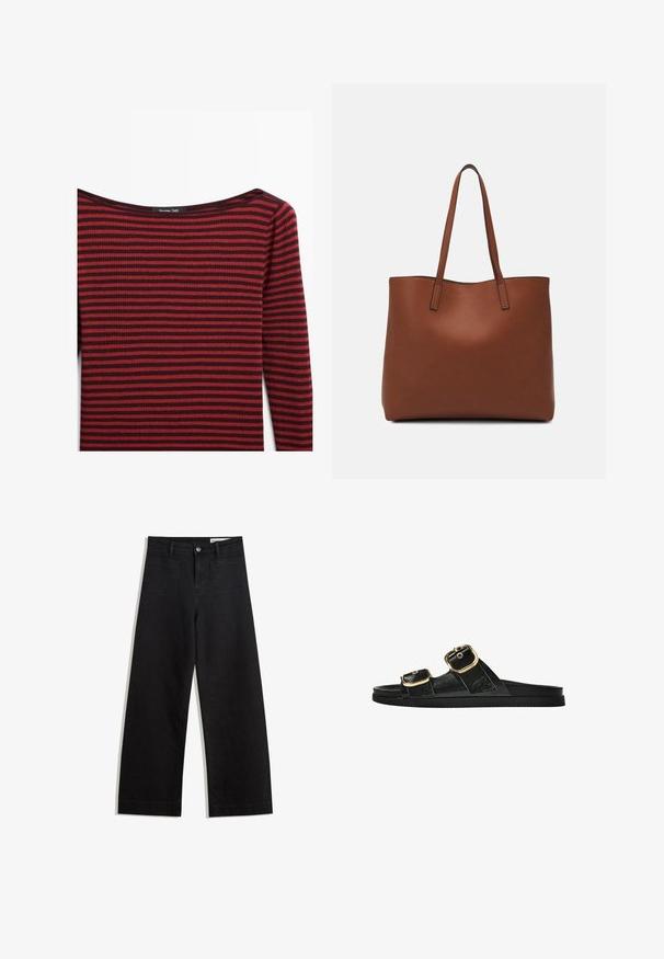 Red and dark burgundy striped long-sleeve top with a wide, shallow neckline and ribbed texture. Label reads "Massimo Dutti."; Black wide-leg denim pants with a high waist, featuring front and back pockets, stitched seams, and a button closure. Smooth texture.; Black slide sandal with two gold buckle accents, smooth textured material, flat sole, and a minimalist design.; Brown leather tote bag with a smooth texture, open top design, and two shoulder straps. Features minimal stitching and no visible hardware.