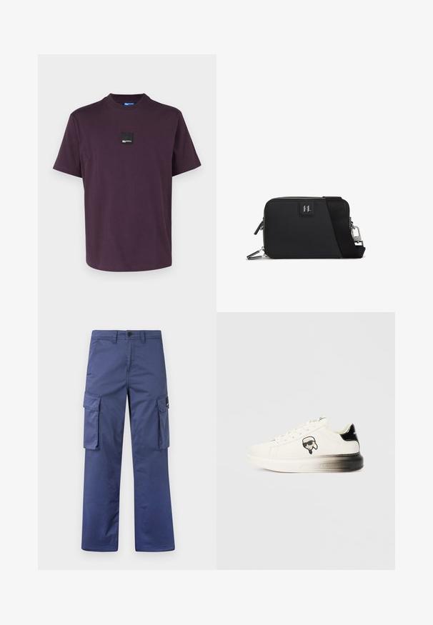 Karl Lagerfeld Jeans CURVED HEM - Paprasti marškinėliai - plum perfect; Tamsiai mėlynos cargo kelnės pagamintos iš tvirto audinio, su šoninėmis kišenėmis, tiesaus kirpimo dizainu ir sagčių užsegimu juosmens srityje.; Baltos sportbačiai su lygiu odiniu paviršiumi, juodais akcentais ant kulno ir komiksų logotipu. Yra storas, šiek tiek permatomas padas.; Juodas stačiakampis maišelis, pagamintas iš tekstūruotos medžiagos, su užtrauktuku, reguliuojamu dirželiu ir logotipo etikete priekyje.