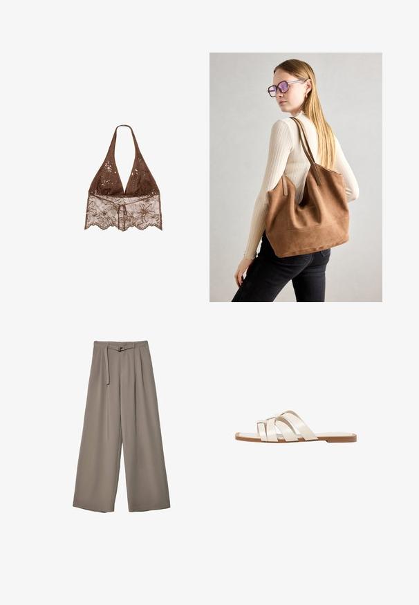 Stradivarius - Bluzka; Spodnie o szerokich nogawkach w miękkim, stonowanym szarym materiale, z paskiem w talii i plisami dla dodania detali projektowych. Gładka tekstura, bez wzorów.; Płaskie sandały z brązową gumową podeszwą, zaprojektowane z trzema nakładającymi się na siebie białymi skórzanymi paskami i małym detalem w postaci kokardy na środku.; Brązowa torebka typu tote wykonana z zamszu o miękkiej teksturze, z dużym otwarciem i długimi paskami. Charakteryzuje się prostym designem z widocznymi szwami i bez elementów metalowych.
