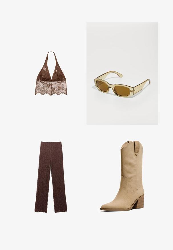 Stradivarius HALTER WITH EMBROIDERY - Bluse - dark brown; Braune, strukturierte Hose mit gewellter Oberfläche, weitem Bein und einem elastischen Bund. Der Stoff wirkt weich und leicht dehnbar.; Bershka HIGH-HEEL - Cowboy-/Bikerboot - beige; Transparente, bernsteinfarbene Sonnenbrille mit rechteckigen Gläsern, dicken Bügeln und glänzender Oberfläche, die ein dezentes Logo an der Seite aufweist.; Handtasche aus goldenen Pailletten in rechteckiger Form, mit glatter Textur und dünnem Trageriemen. Die Pailletten erzeugen eine reflektierende Oberfläche, die ihr Aussehen verbessert.