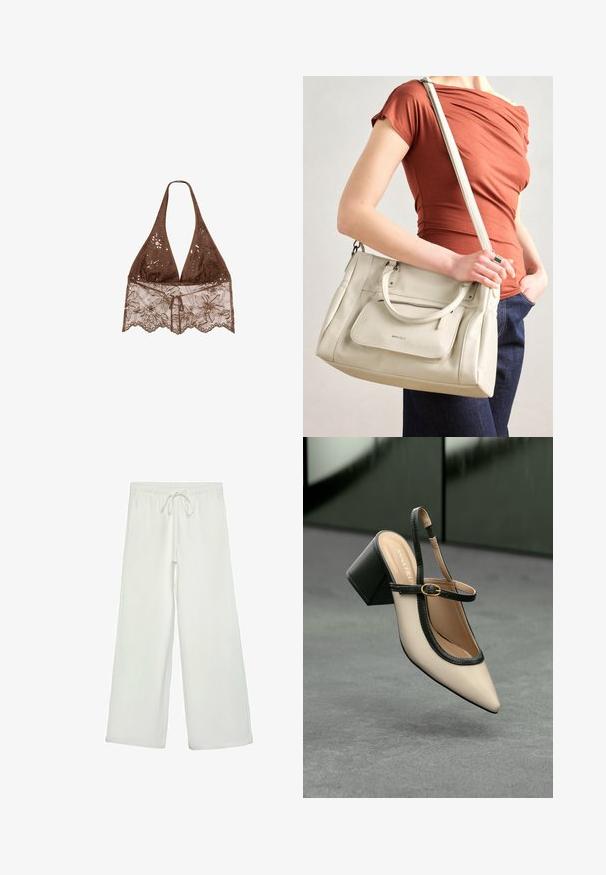 Stradivarius HALTER WITH EMBROIDERY - Blouse - dark brown; Witte wijde broek van zacht materiaal. Heeft een elastische tailleband met een trekkoord en een gladde textuur. Geen zichtbare patronen of hardware.; Beige slingback pump met hoge hak, puntige neus, zwarte bies en gespsluiting. Glad materiaal met een matte afwerking, middelhoge blokhak.; Witte leren handtas met dubbele handgrepen en een afneembare schouderband, met een voorzak met rits en een gladde textuur. Draagend aan de arm van een persoon.