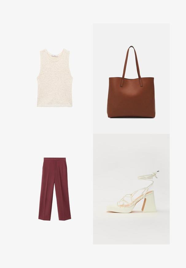 Pleteni bezrukavni top u boji slonovače, s teksturiranim završetkom. Okrugli izrez i ravni rub. Suptilni mrljasti detalji po cijeloj površini.; Bordo široke hlače od glatkog materijala, s bočnim džepovima i visokim strukom. Krojene s urednim prednjim pregibom.; Bijela sandala na visokoj potpetici s debelim petom, s remenom i vezanjem oko gležnja. Glatka tekstura s platformom sprijeda za dodatnu visinu.; Smeđa kožna torba preko ramena s glatkom teksturom, otvorenim vrhom i dvjema naramenicama. Ima minimalne šavove i nema vidljivog hardvera.