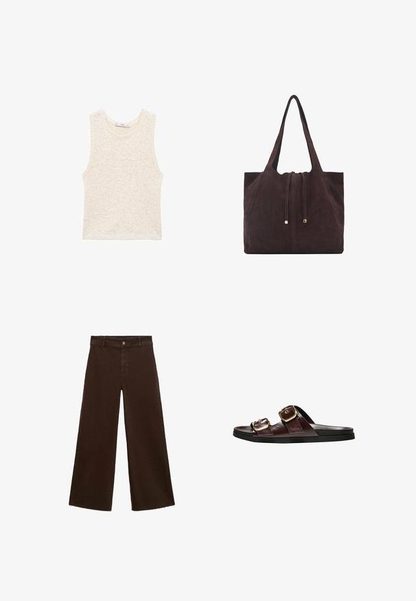 Pletene brezrokavnik v svetlo bež barvi, z teksturiranim zaključkom. Okrogla izreza in ravno obrobljen rob. Natančne pikčaste podrobnosti po celotni površini.; Rjave široke hlače iz mešanice bombaža, z raztrganim robom, sprednjim gumbom in klasičnim dizajnom s petimi žepi. Minimalistične in vsestranske.; Rjave usnjene japonke imajo dvojne nastavljive trakove z zlatimi sponkami, ravno črno podplat in gladko mat končano površino.; Mango Torba za nakupovanje - dark brown